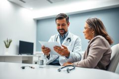 Doctor consulting with a patient in a modern clinic. A male physician reviews medical documents with a female patient, showcasing healthcare consultation and medical care. The scene features a calm blue and white color palette, emphasizing a professional and reassuring environment.