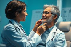 Doctor examining a patient's neck in a teal-colored medical office. A female healthcare professional in a white coat assesses a male patient with gray hair and glasses. Focus on health checkup, medical examination, and patient care in a clinical setting.