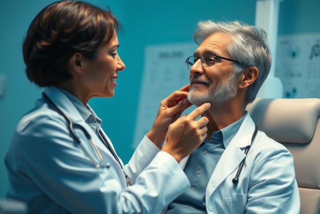 Doctor examining a patient's neck in a teal-colored medical office. A female healthcare professional in a white coat assesses a male patient with gray hair and glasses. Focus on health checkup, medical examination, and patient care in a clinical setting.