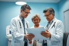 Medical professionals in white coats examine patient records in a bright, blue-toned clinic. Three doctors, including a female, are focused on paperwork, symbolizing healthcare consultation and diagnostics. A modern medical environment is visible.