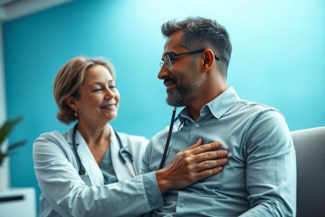 Doctor examining patient with stethoscope in bright, modern clinic. Healthcare professional checks male patient's heart during appointment. Teal walls and professional setting suggest medical checkup and wellness. Focus on patient care and medical examination.