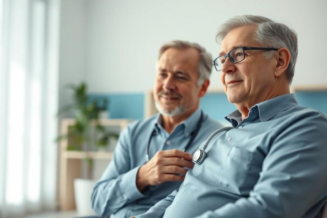 Two senior male doctors in blue shirts wearing stethoscopes, seated in a bright, modern medical office. The image conveys healthcare, consultation, and experienced professionals. A calming, light color palette with accents of green from a plant creates a welcoming atmosphere.