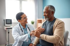 Doctor examining patient in a bright, modern clinic. A smiling African American doctor with a stethoscope checks a senior Black man's hand, showcasing healthcare and wellness. Blue and white tones dominate the scene, creating a reassuring medical environment.