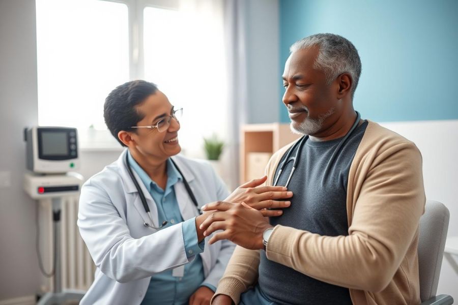 Doctor examining patient in a bright, modern clinic. A smiling African American doctor with a stethoscope checks a senior Black man's hand, showcasing healthcare and wellness. Blue and white tones dominate the scene, creating a reassuring medical environment.