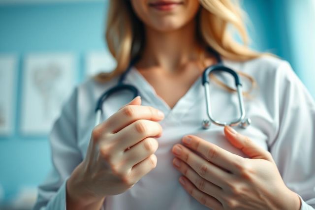 Close-up of a female doctor in a light blue medical uniform holding a stethoscope. The image depicts a healthcare professional in a clinical setting, with a focus on medical examination and patient care. Soft, natural lighting and a calming color palette.