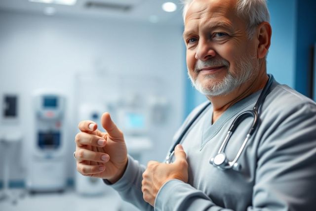 Portrait of a smiling male doctor in a modern medical clinic. He wears a stethoscope and gray scrubs, gesturing with his hand. The background features blurred medical equipment and a clean, professional environment with blue and white tones, suggesting healthcare and patient care.