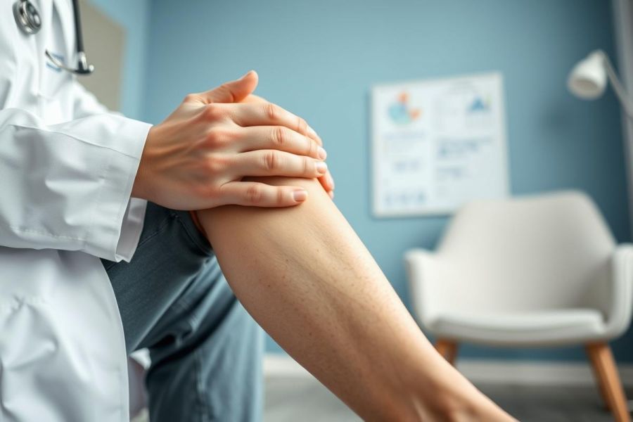 Doctor examining a patient's knee in a medical office. The image shows a healthcare professional in a white coat assessing a knee injury, likely for pain or mobility issues. Blue walls and a neutral-toned chair create a clinical environment. Focus on knee health and medical consultation.