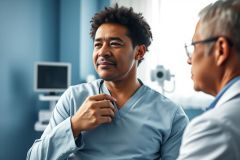 Doctor and patient in a medical consultation. A Black male doctor in scrubs discusses with an older patient in a blue-toned examination room. Healthcare, medical professional, and patient care themes are prominent.
