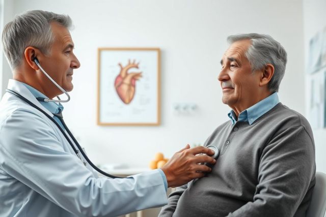 Doctor examining elderly patient with stethoscope during medical checkup. Healthcare setting, warm lighting, and focus on heart health. Image depicts senior care and preventative medicine with a friendly, reassuring atmosphere.