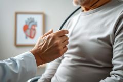 Doctor examining elderly patient with stethoscope during medical checkup. Focus on heart health, cardiology, and senior care. Neutral tones and a clinical setting with a heart diagram in the background convey a healthcare context.