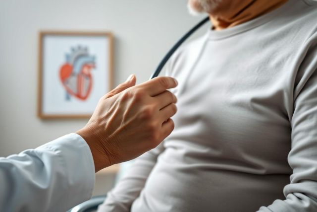 Doctor examining elderly patient with stethoscope during medical checkup. Focus on heart health, cardiology, and senior care. Neutral tones and a clinical setting with a heart diagram in the background convey a healthcare context.
