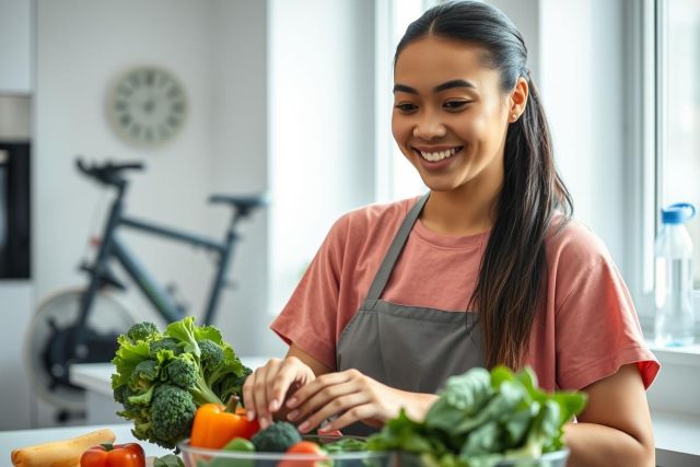 Healthy lifestyle image. A smiling woman prepares fresh vegetables like broccoli and peppers in a bright kitchen. Fitness visible with a stationary bike in the background. Focus on healthy eating and wellness.
