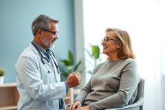 Doctor consults with a patient in a bright, modern medical office. The image shows a friendly interaction between a male doctor in a white coat and a female patient, both wearing glasses. Blue walls and natural light create a calming atmosphere, emphasizing healthcare and wellness.