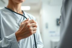 Healthcare professional using a stethoscope to listen to a patient's heart in a bright, modern hospital setting. Focus on medical examination, patient care, and diagnostic procedures. Clean, white and gray tones dominate the scene, conveying a clinical environment.