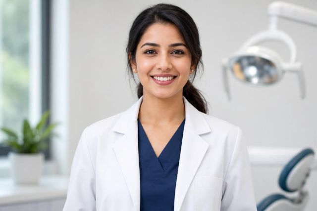 Smiling female dentist in clinic environment with dental chair and light in background.