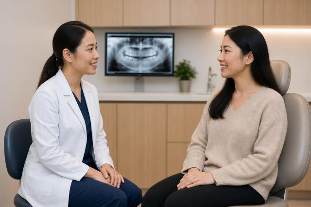 Dentist consulting a smiling patient in a modern dental exam room with visible dental X-ray.