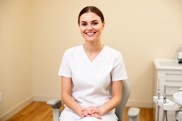 Smiling dental clinician in white scrubs seated in an exam chair, showing even, symmetrical teeth.
