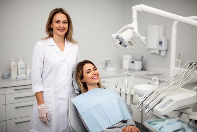 Smiling dental patient reclining in a chair as a dentist stands beside her, showing brighter teeth after cosmetic care.