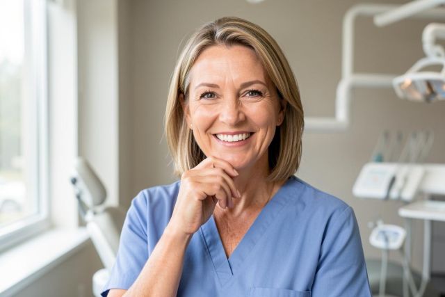 A smiling blonde female healthcare professional wearing blue medical scrubs in a bright dental clinic. She has a friendly expression with her hand resting on her chin, set against a professional medical office background with soft natural lighting and dental equipment.