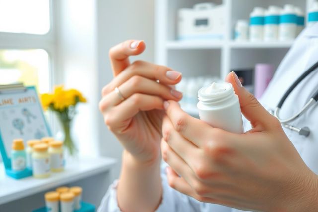 Doctor examining a medicine bottle in a pharmacy setting. White coat, stethoscope, and various medications are visible. Focus on healthcare, prescriptions, and pharmaceutical context.