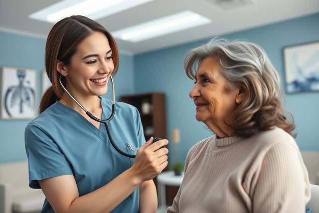 A caring nurse examines an elderly woman in a bright, blue room. The healthcare professional wears a blue scrubs and uses a stethoscope during a check-up. Image depicts senior care, medical examination, and compassionate healthcare services. Focus on health and wellbeing.