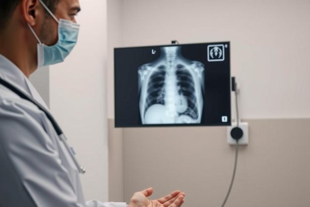 Doctor examines a chest x-ray on a monitor in a medical setting. The image shows a detailed view of lung anatomy and structures for diagnostic assessment. Healthcare professional in scrubs.