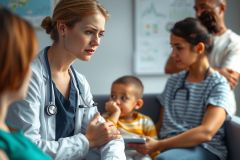 The image depicts a medical office setting with several people. A female doctor in scrubs stands at the front, engaged in conversation. 
