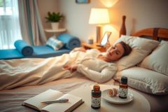 A woman is lying in a neatly made bed, dressed in white pajamas. She appears to be sleeping or resting with her eyes closed. On the nightstand beside her are three bottles that could be supplements or medicine, and a book with pen and paper on it, suggesting she might have been reading or writing before lying down.