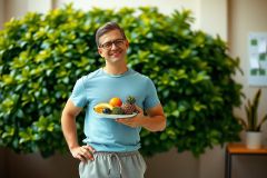 In the image, a young man is standing indoors in front of a backdrop with green plants. He's dressed in casual sportswear and has glasses on. The plate he holds contains various fruits such as apples and oranges. 