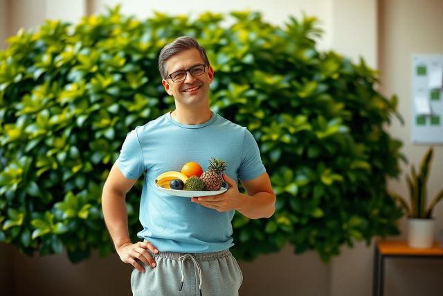 In the image, a young man is standing indoors in front of a backdrop with green plants. He's dressed in casual sportswear and has glasses on. The plate he holds contains various fruits such as apples and oranges. 