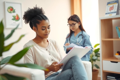 Two women engaged in conversation, with one holding a folder or medical document. They are in a modern home setting with furniture and books visible, suggesting a casual, yet professional consultation between them.