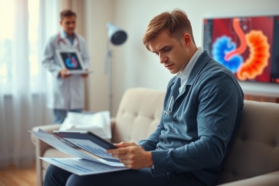 The image shows a man sitting on a couch with medical documents in front of him, suggesting he might be reviewing or discussing his healthcare information. 