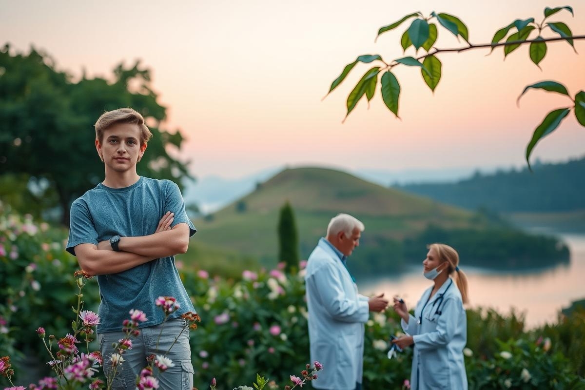 The image shows a young man standing outdoors, likely at dusk given the warm tones of the sky and lighting. He is wearing casual clothing, including a dark shirt and khaki shorts, with his arms crossed confidently. 
