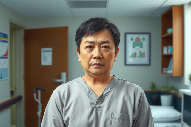 The image features an Asian male wearing medical attire, presumably a doctor or nurse, standing in a clinical setting. He appears to be providing some kind of care or explanation with a focused expression on his face.