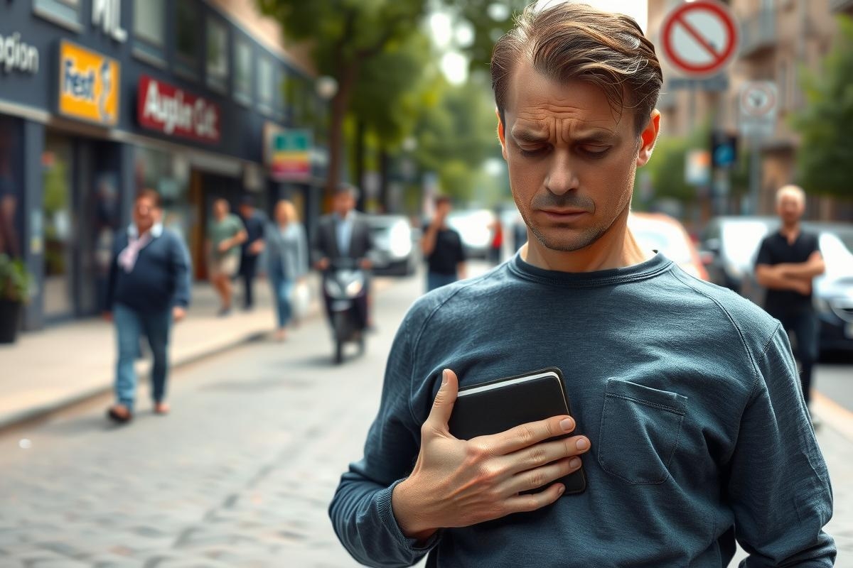 In the image, a man is standing on a street corner engrossed in his smartphone. The environment suggests an urban setting with buildings and pedestrians visible in the background.