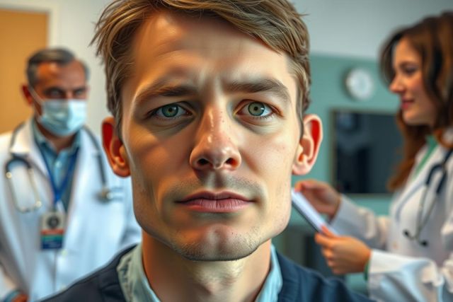 The image is a photograph of a man with medical personnel around him. He appears to be in an examination or treatment setting, possibly a hospital or clinic environment.