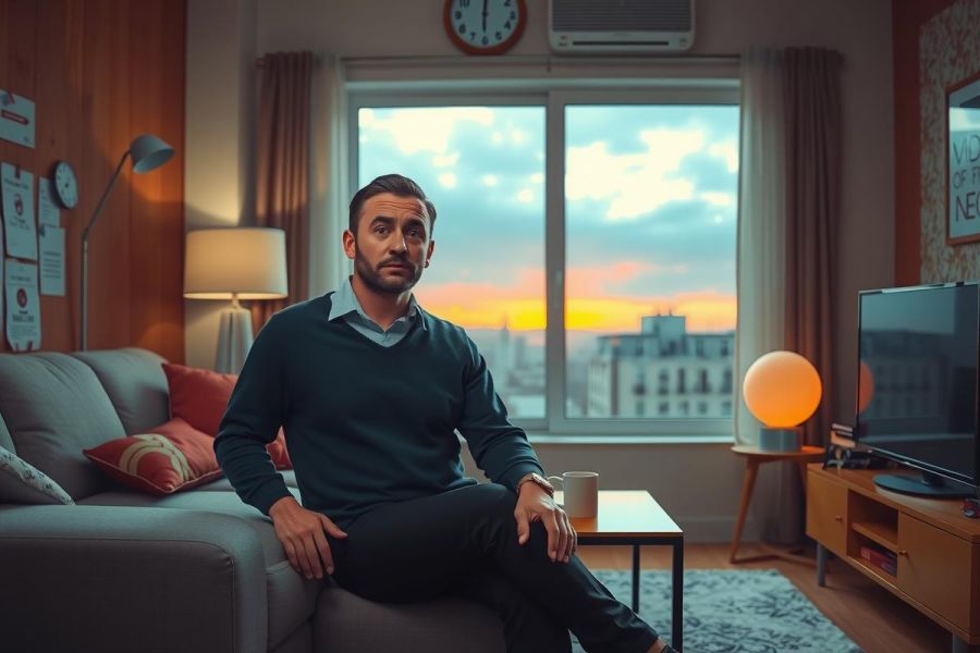 The image depicts a man sitting on a couch in an indoor setting, possibly a living room. He is wearing a dark sweater and appears to be relaxing or contemplating as the sunlight filters through a window behind him, casting warm colors across the scene.