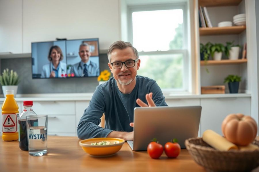 A man sitting at a kitchen counter with a laptop in front of him. The setting appears to be a home environment, possibly during a work break or teleconference due to the presence of a TV screen and other items commonly found in a kitchen, such as a bowl, fruits like tomatoes and apples, a cup, a bottle, and a knife.