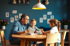 The image shows a domestic scene with a family sitting around a dining table, engaged in an activity. A man appears to be reading something on his device to the children seated opposite him. 