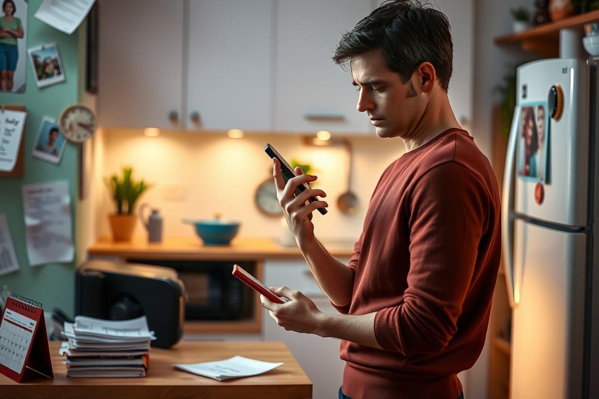 The image features a man standing in a kitchen, wearing a red sweater and black pants. He is focused on his smartphone screen. The kitchen has white cabinets and appliances including a refrigerator, stove, and microwave.