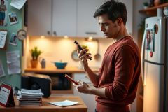 The image features a man standing in a kitchen, wearing a red sweater and black pants. He is focused on his smartphone screen. The kitchen has white cabinets and appliances including a refrigerator, stove, and microwave.