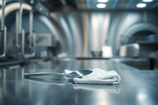 Stainless steel kitchen interior with a pizza peel and towel on a countertop. Modern, industrial design with arched ovens and cool blue tones. Focus on culinary equipment and a professional cooking environment.