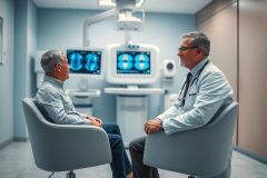 Doctor consults with a patient in a modern medical clinic. The scene showcases a healthcare professional discussing diagnostics with a senior man, with medical equipment and monitors visible in the background. Cool blue and gray tones evoke a clinical, professional atmosphere. Focus on patient care and medical consultation.