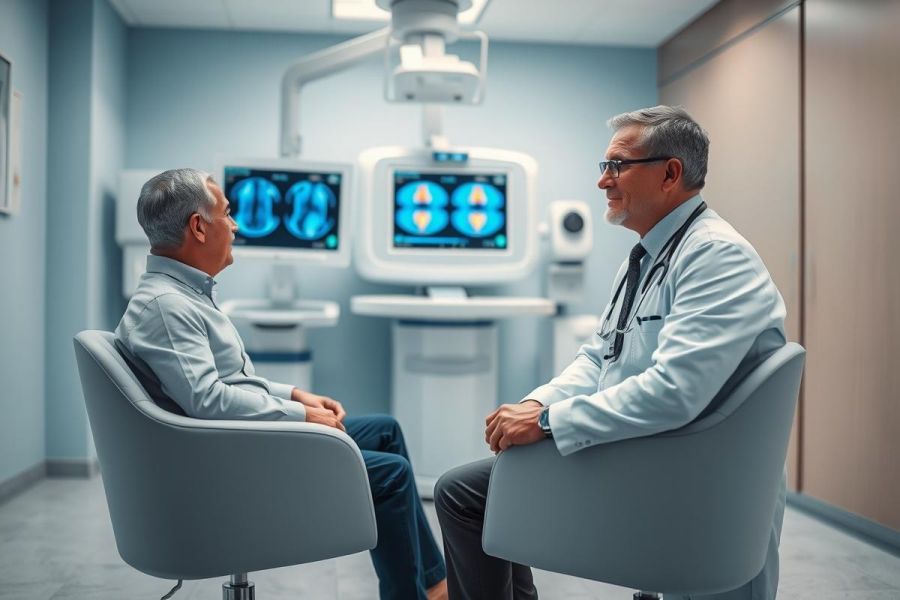 Doctor consults with a patient in a modern medical clinic. The scene showcases a healthcare professional discussing diagnostics with a senior man, with medical equipment and monitors visible in the background. Cool blue and gray tones evoke a clinical, professional atmosphere. Focus on patient care and medical consultation.