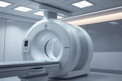 Modern MRI machine in a clean, bright medical facility. The white scanner is prominently displayed with gray walls and recessed lighting. Healthcare technology, diagnostic imaging, and medical equipment are key themes.