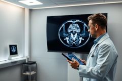 Doctor examining a CT scan of the head displayed on a monitor and tablet in a modern medical clinic. White walls, bright lighting, and diagnostic imaging highlight healthcare and medical technology. Focus on patient care and radiology.