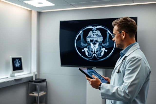 Doctor examining a CT scan of the head displayed on a monitor and tablet in a modern medical clinic. White walls, bright lighting, and diagnostic imaging highlight healthcare and medical technology. Focus on patient care and radiology.