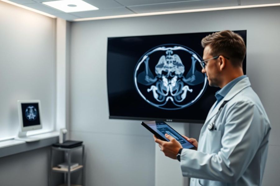 Doctor examining a CT scan of the head displayed on a monitor and tablet in a modern medical clinic. White walls, bright lighting, and diagnostic imaging highlight healthcare and medical technology. Focus on patient care and radiology.