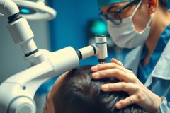 Close-up of a doctor examining a patient's head with a microscope. Medical professional in a surgical mask and gown. Focus on dermatology or neurological examination.