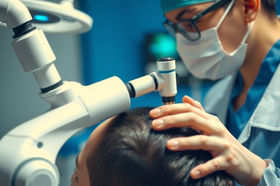 Close-up of a doctor examining a patient's head with a microscope. Medical professional in a surgical mask and gown. Focus on dermatology or neurological examination.